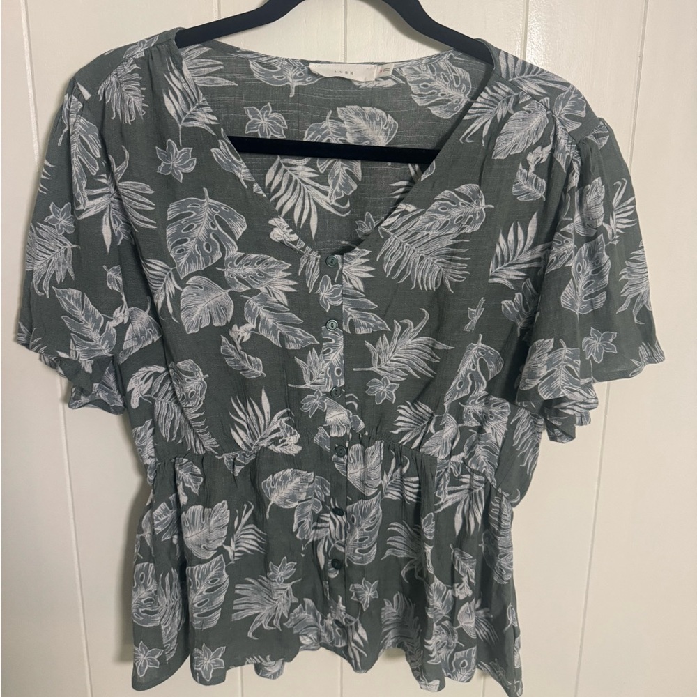 Lush Olive and White Leaf Pattern Boho Top